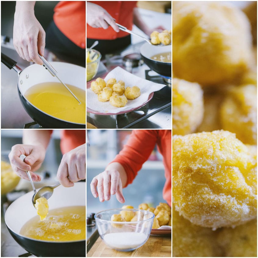 Tortelli di carnevale scolati dall'olio e rotolati nello zucchero semolato ancora caldi