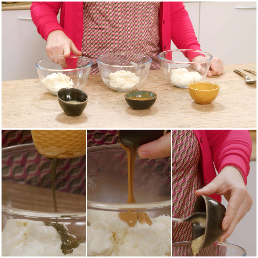 Tre creme al latte divise in ciotole con pasta di pistacchio, caffè e nocciola versate sopra