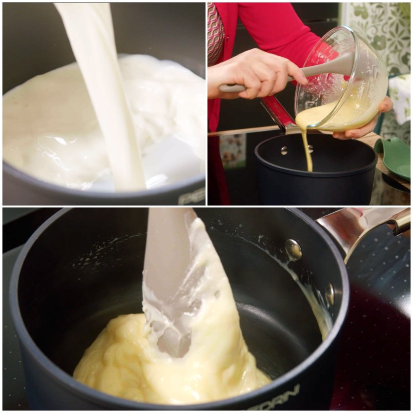 Latte versato nel composto di uova e la crema pasticcera che si addensa mescolando in pentolino