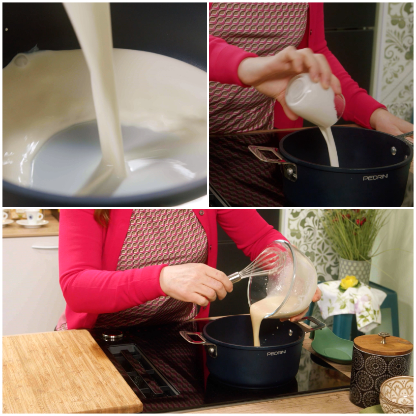 Latte e panna versati in un pentolino, poi il composto con amido mescolato con la frusta