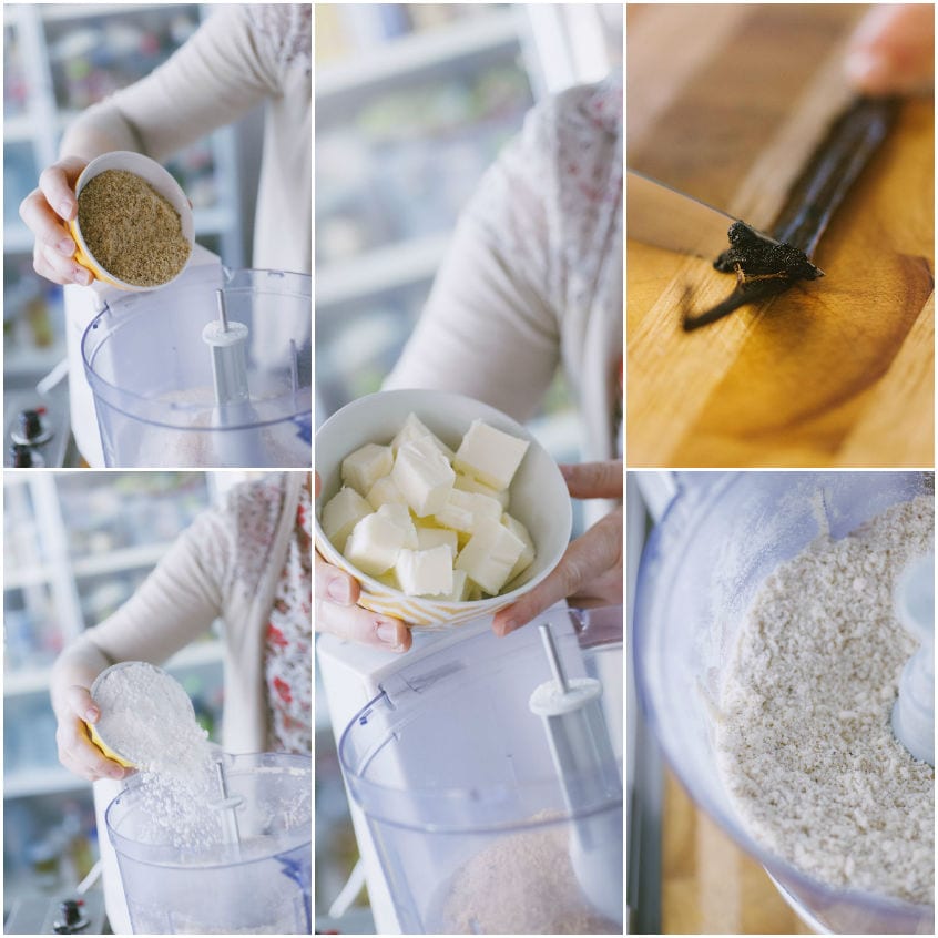 Ingredienti per la pasta frolla versati nel food processor: farina, zucchero, burro a cubetti e vaniglia