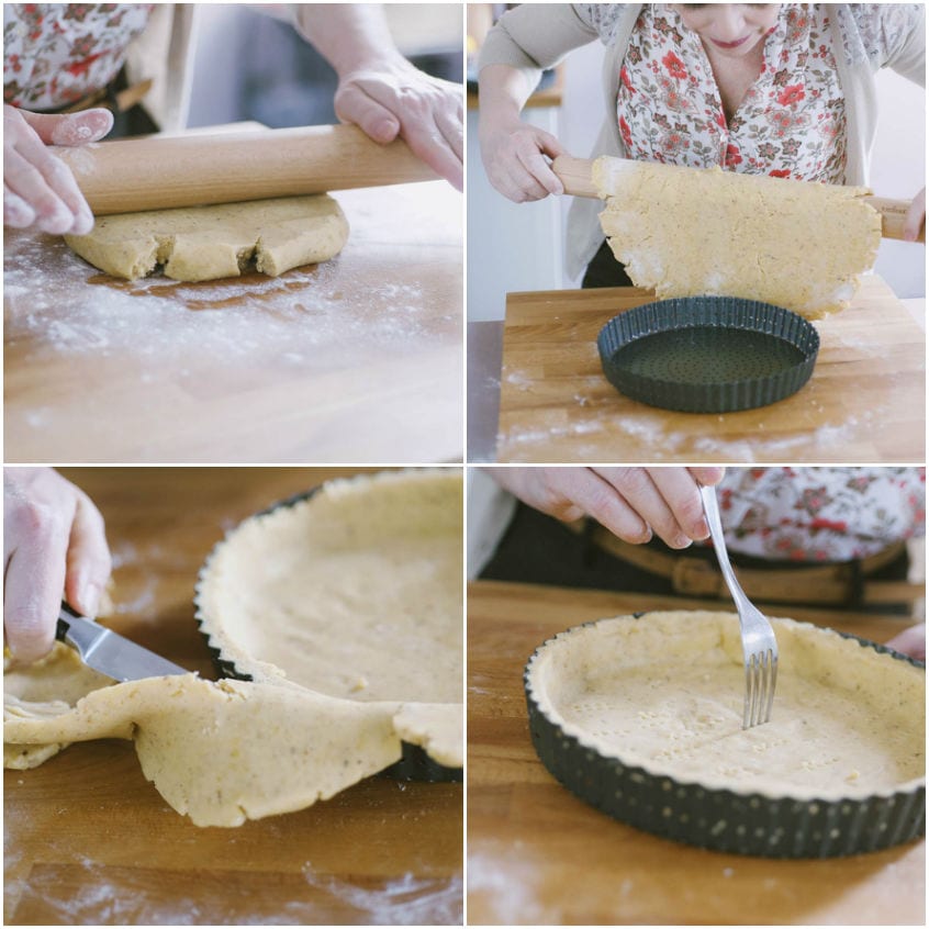 Pasta frolla stesa col mattarello, trasferita nello stampo, rifilata e bucherellata con la forchetta
