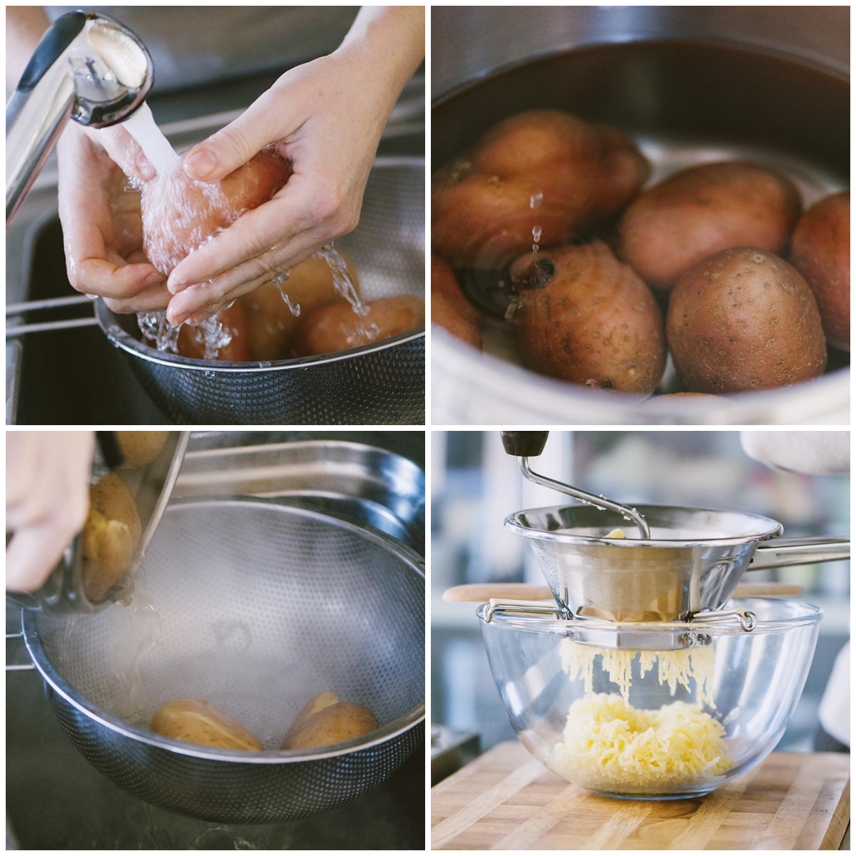 Patate intere con la buccia lessate in acqua salata, pronte per il gateau