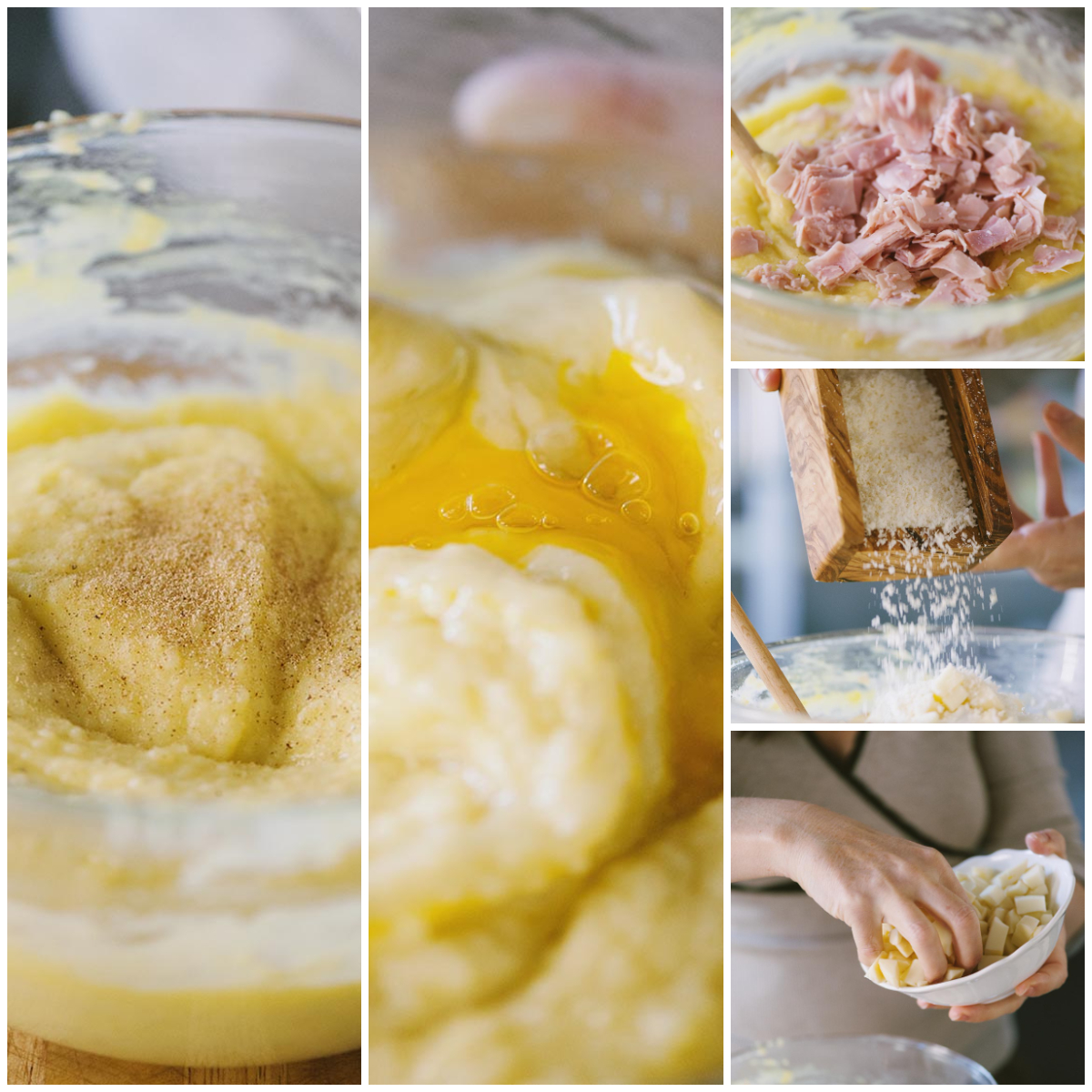 Impasto del gateau di patate con uova, prosciutto e formaggi appena amalgamati