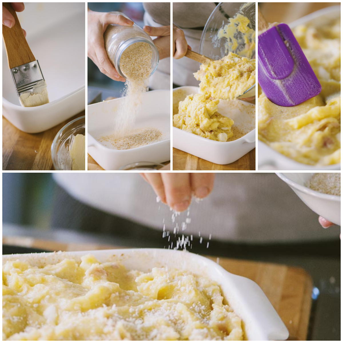 Gateau di patate pronto per il forno con crosta di parmigiano e pangrattato