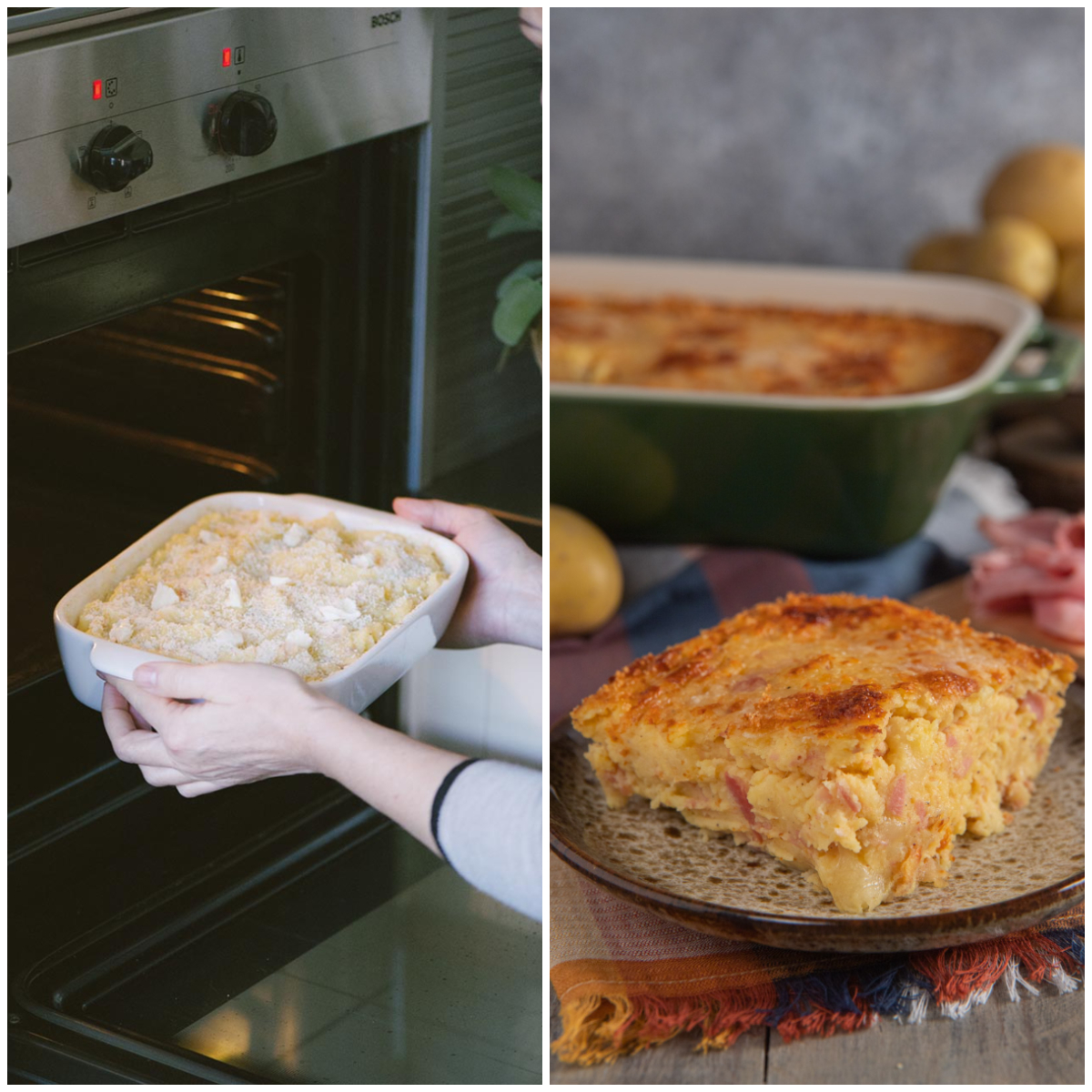 Gateau di patate sfornato con superficie dorata e croccante, pronto per il riposo