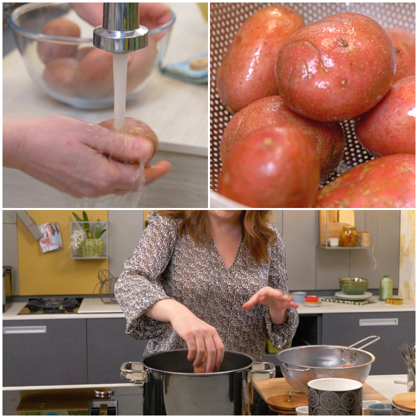 Patate intere con buccia immerse in acqua salata in una pentola