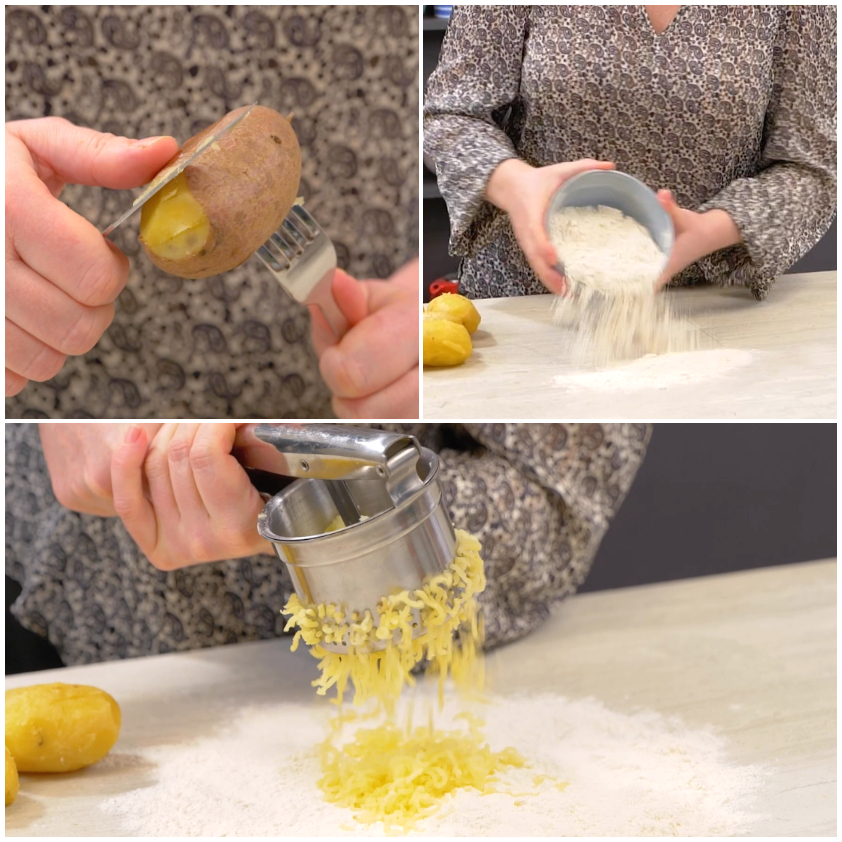 Patate schiacciate ancora calde passate nello schiacciapatate per gli gnocchi