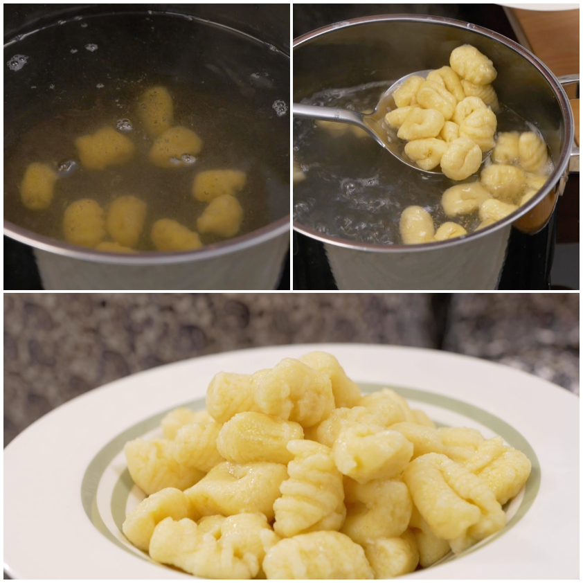 Gnocchi che affiorano in acqua bollente salata, pronti per essere scolati con la schiumarola