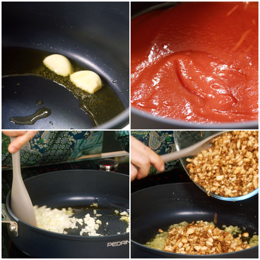 Aglio in olio, passata di pomodoro e soffritto con melanzane tritate in padella