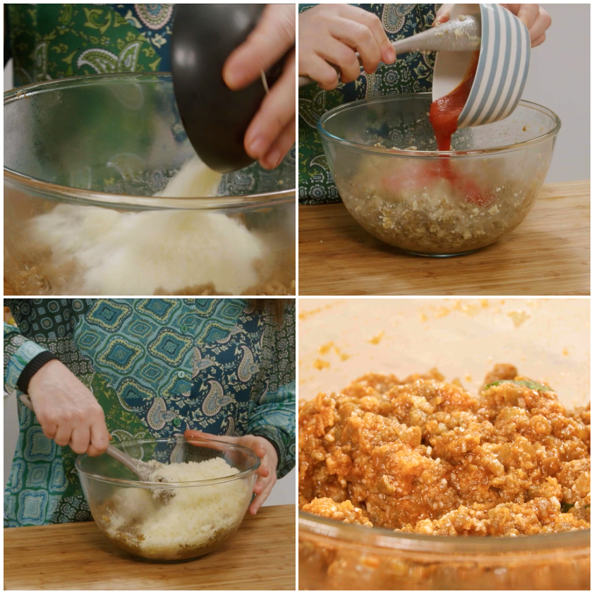 Ripieno di melanzane con mollica di pane e salsa di pomodoro mescolato in una ciotola