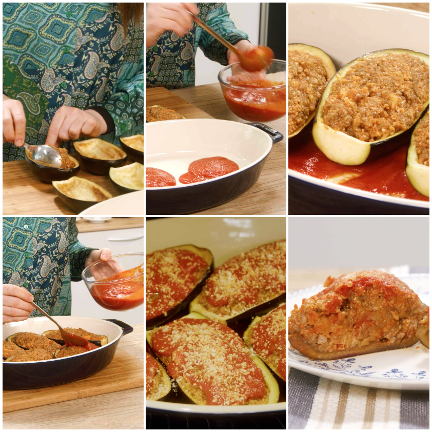 Melanzane ripiene farcite con ripieno, coperte di passata di pomodoro e pecorino, pronte per il forno
