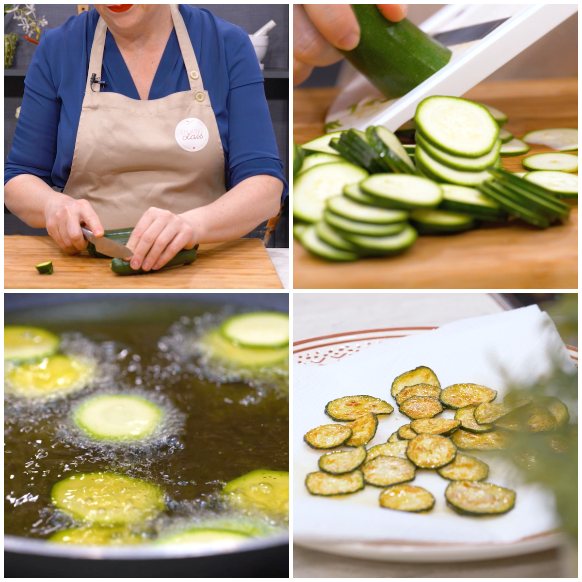 Zucchine affettate con mandolina, fritte in olio bollente e scolate dorate