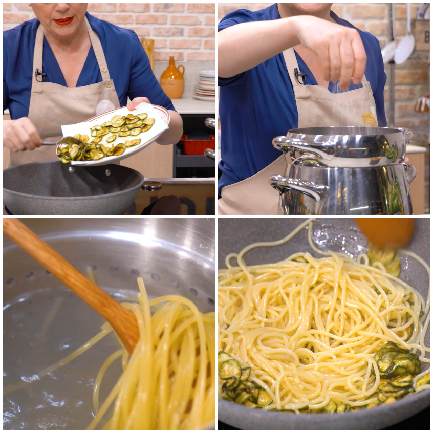 Spaghetti scolati direttamente in padella con le zucchine fritte per la pasta alla Nerano