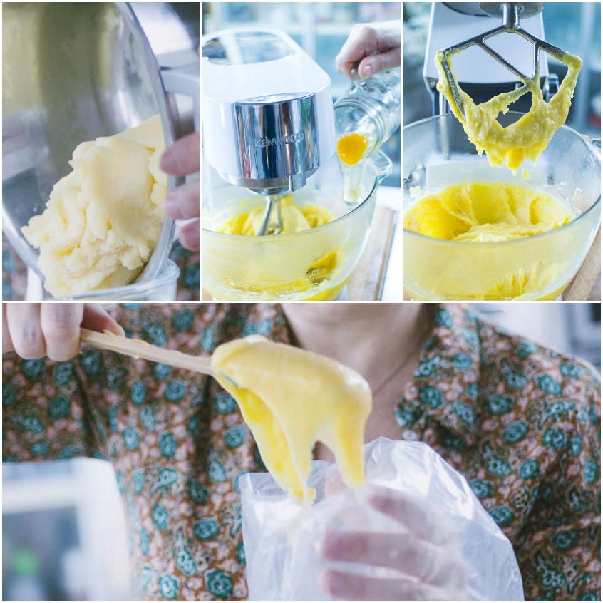 Impasto della pasta choux montato con le uova fino a diventare cremoso e liscio