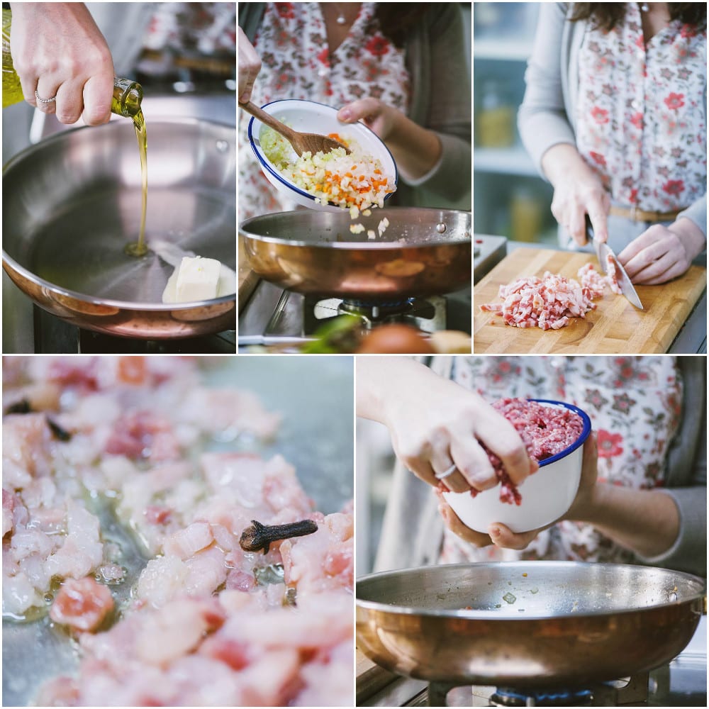 Pancetta tritata e carne macinata aggiunte al soffritto di verdure in padella