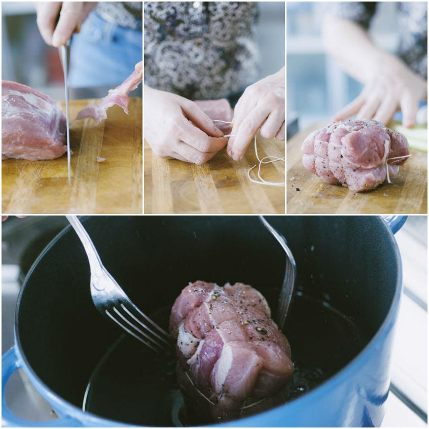 Filetto di maiale pulito, legato con spago e pepato, poi rosolato in pentola con olio