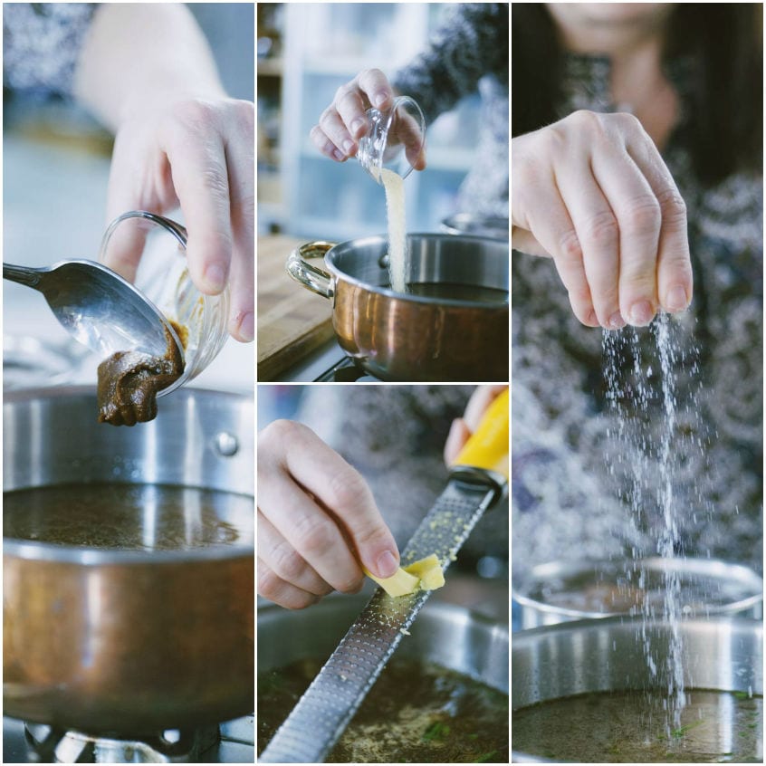 Miso sciolto nel brodo, zenzero grattugiato e sale versato a pioggia nella pentola