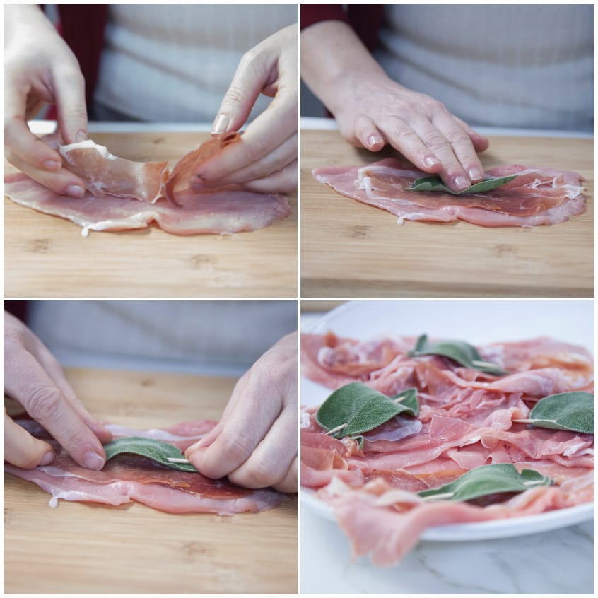 Fettine di vitello con prosciutto crudo e foglia di salvia pronte per i saltimbocca