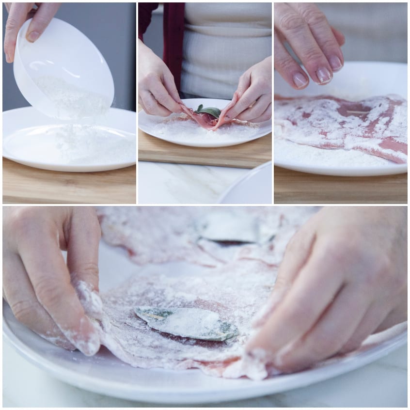 Fettine di vitello con prosciutto e salvia infarinate su un piatto