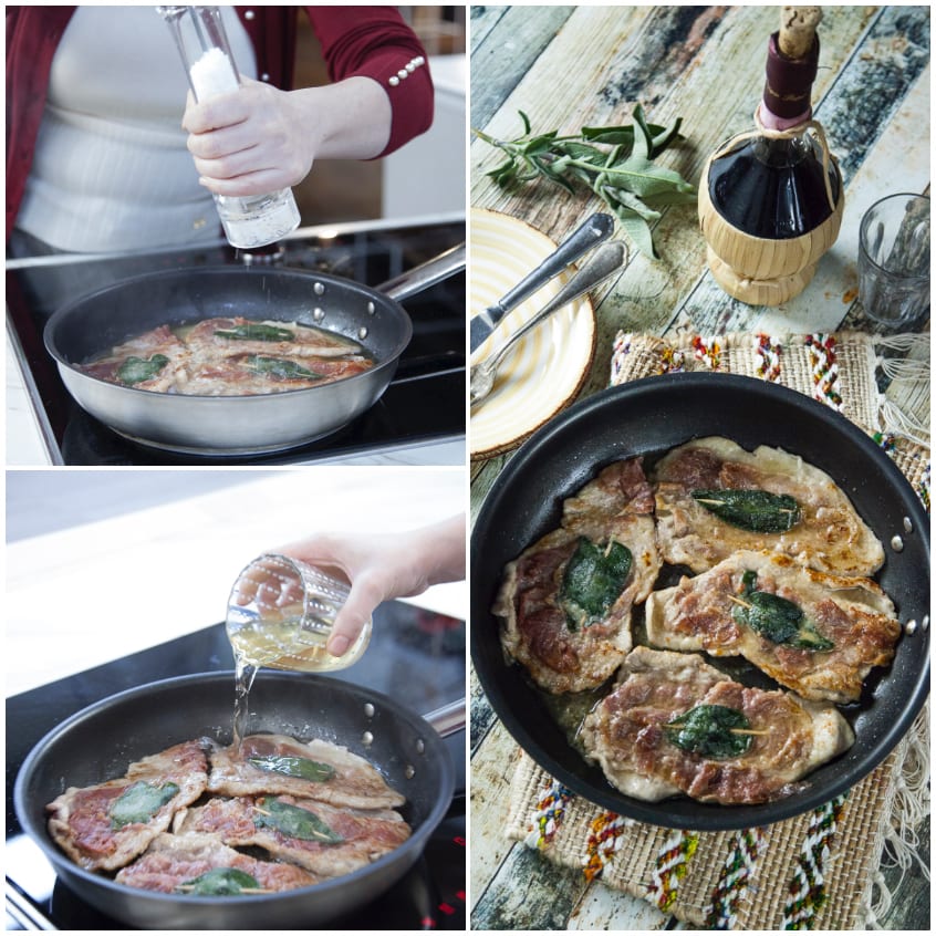 Saltimbocca alla romana in padella con foglie di salvia, sfumati con vino bianco