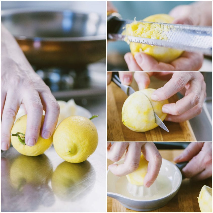 Mani che grattugiano la scorza e spremono il succo di limone fresco