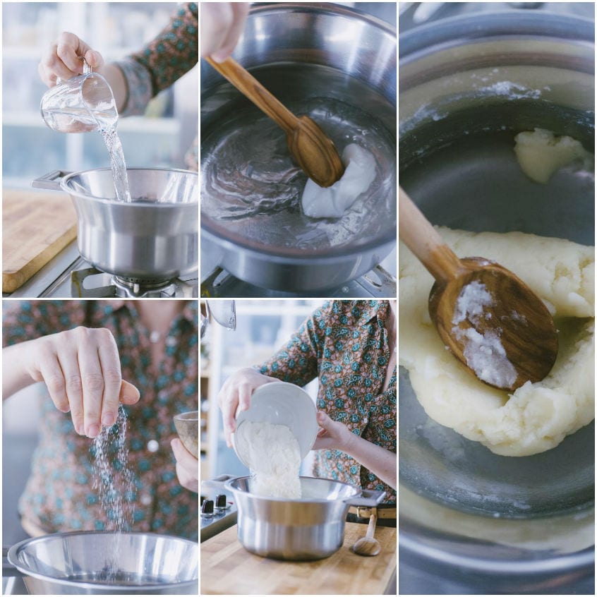 Fasi di preparazione della pasta choux con acqua, sale e farina mescolate fino a compattarsi