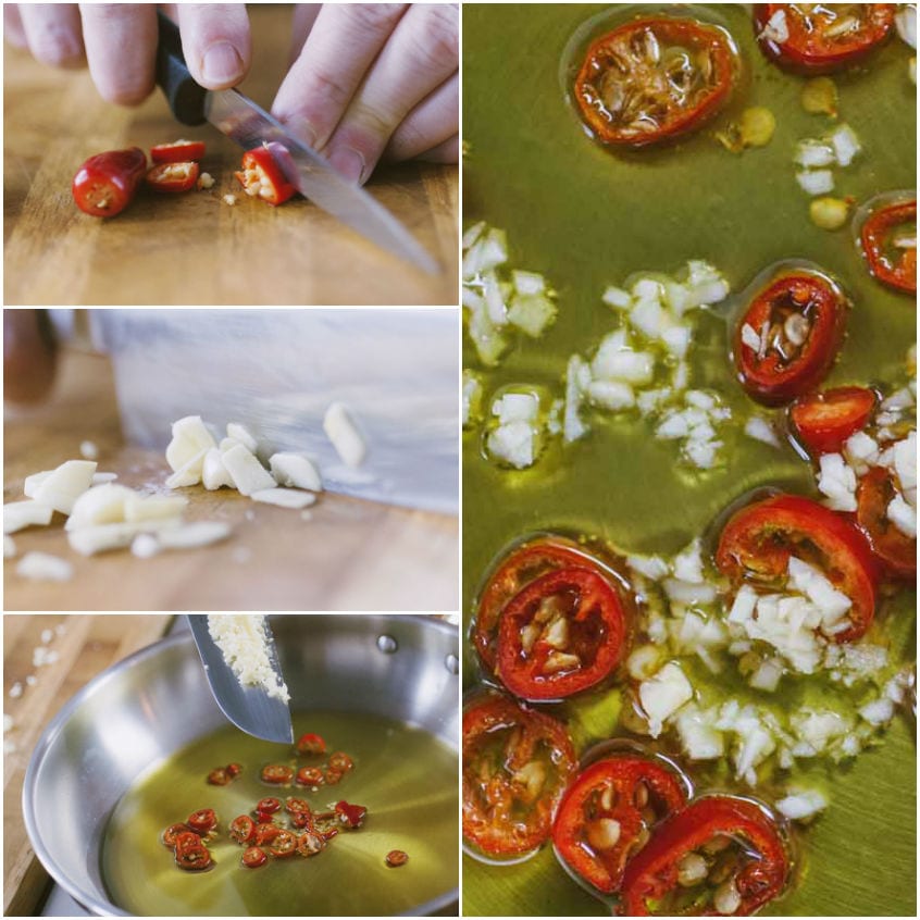 Peperoncini tagliati a rondelle e aglio tritato rosolano in olio extravergine in padella