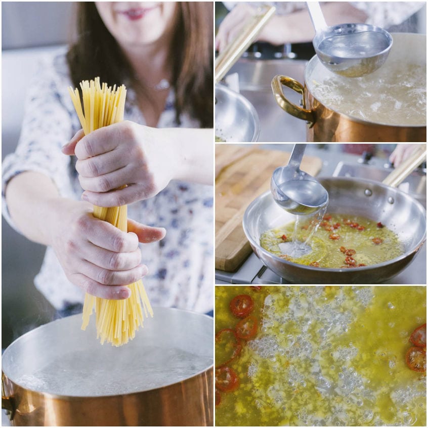 Spaghetti calati in acqua bollente e condimento di aglio, olio e peperoncino sfumato con acqua di cottura