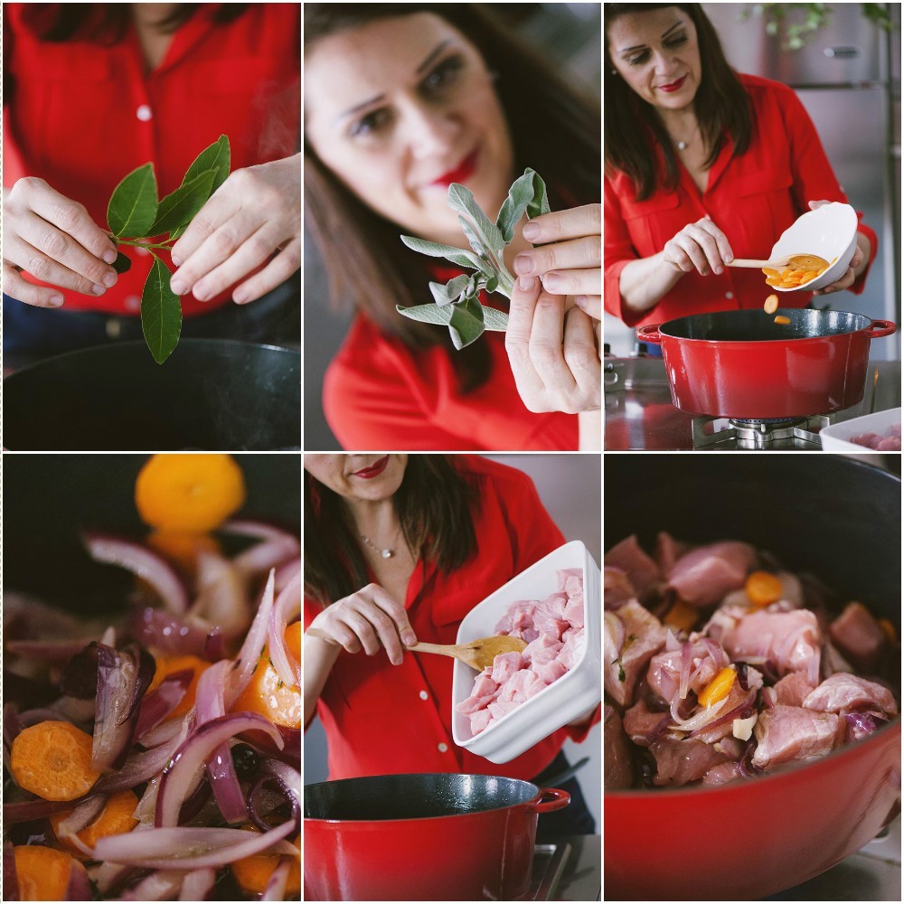 Donna aggiunge carne e verdure con erbe aromatiche in pentola per lo spezzatino