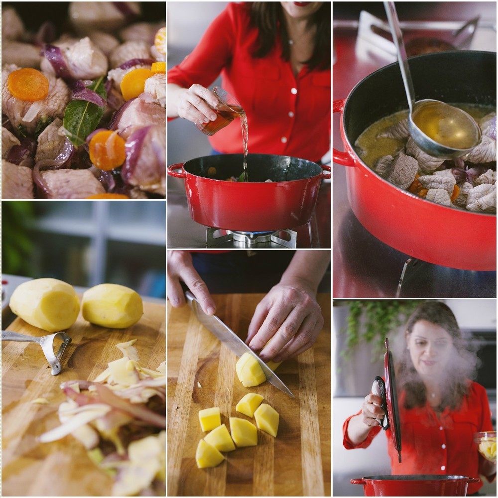 Collage di preparazione dello spezzatino con patate: carne con verdure, sfumatura con vino, cottura con brodo e patate tagliate a tocchi