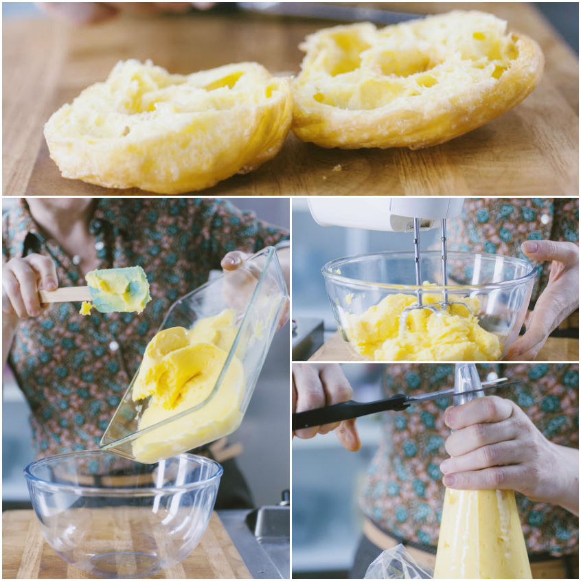 Zeppole di san giuseppe tagliate a metà, crema montata con le fruste e trasferita in sac-à-poche