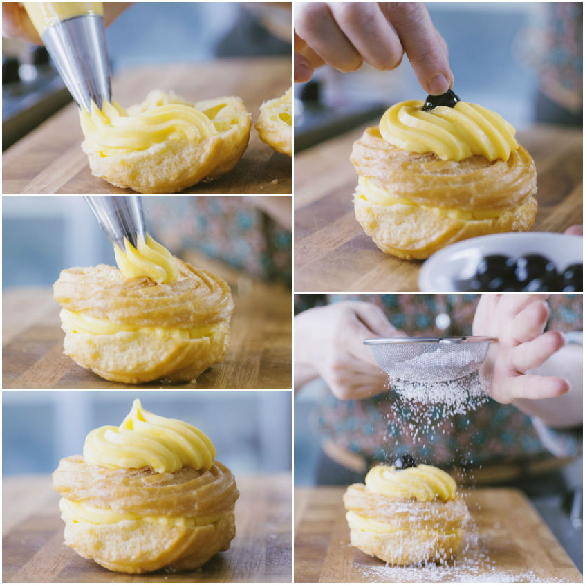 Zeppole di san giuseppe farcite con crema pasticcera, guarnite con amarena e zucchero a velo setacciato