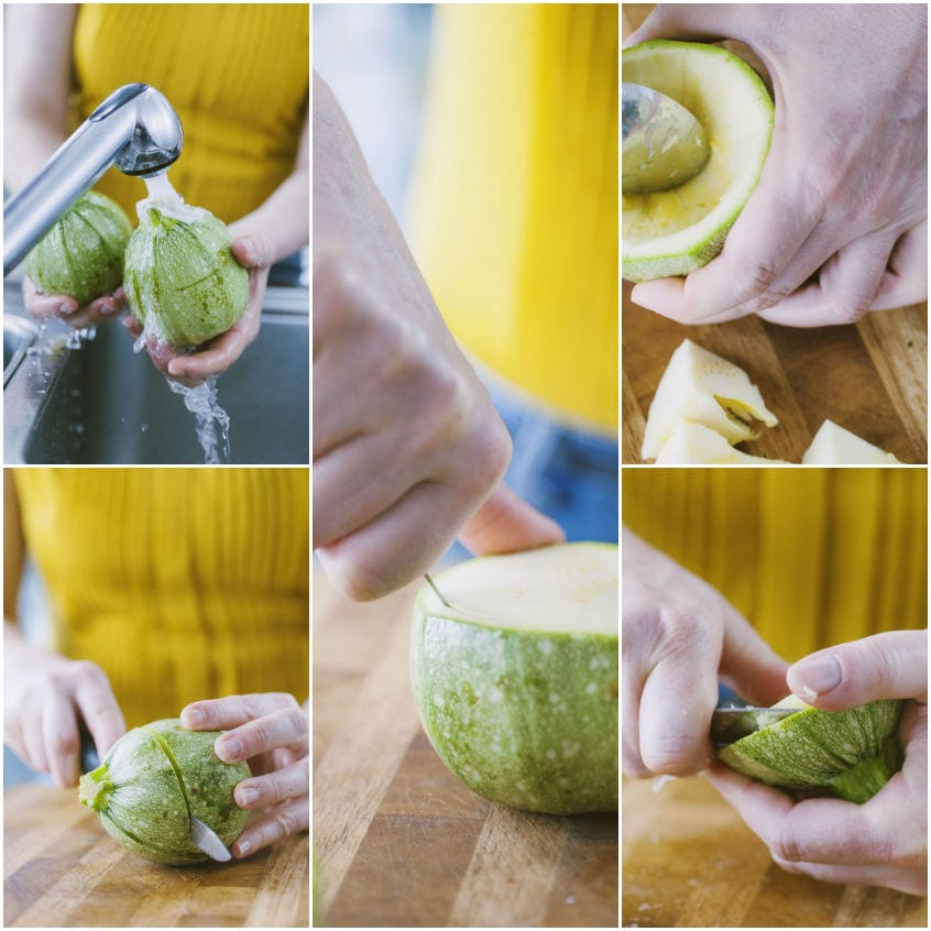 Zucchine tonde lavate, tagliate e svuotate della polpa con un coltellino