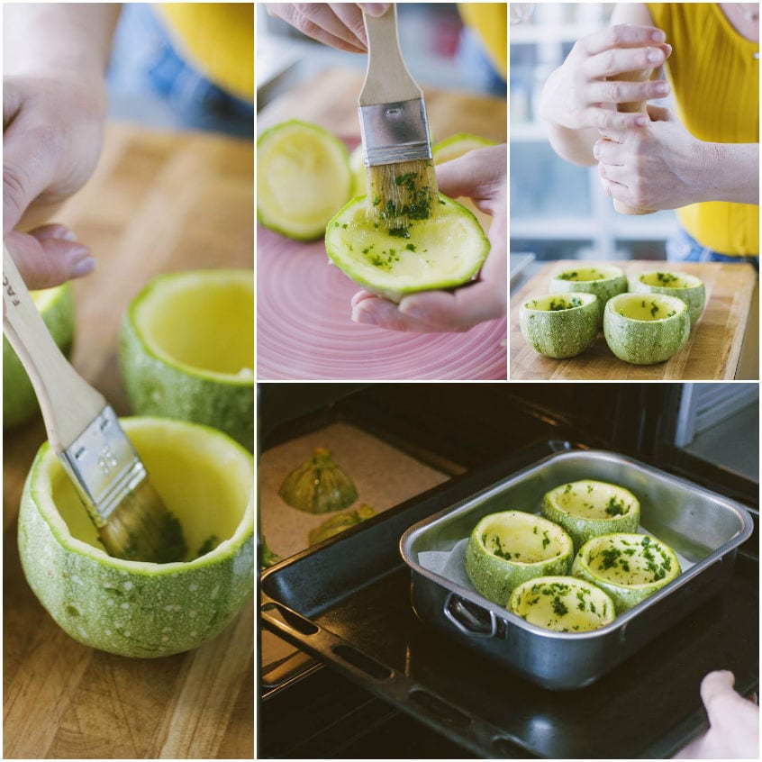 Zucchine tonde svuotate spennellate con olio e prezzemolo, poi disposte in teglia prima di infornare