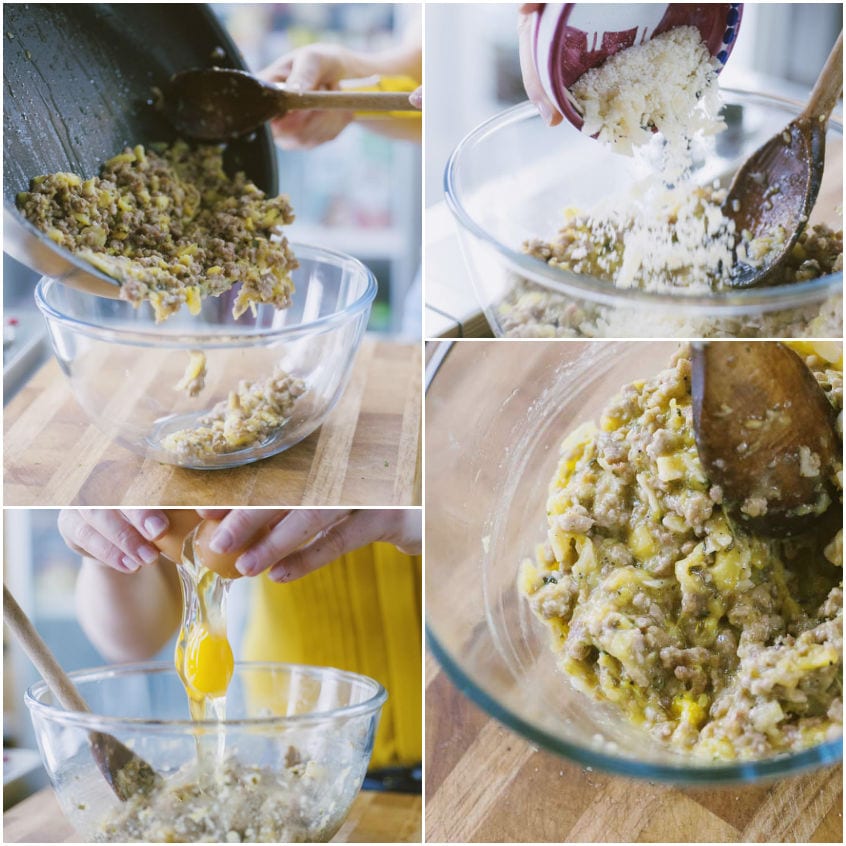 Preparazione del ripieno per zucchine ripiene: carne, formaggio grattugiato e uovo amalgamati in una ciotola