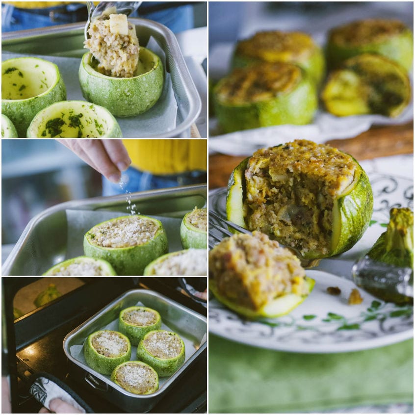 Zucchine tonde ripiene di carne farcite, cosparse di formaggio grattugiato e infornate