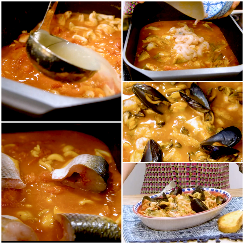 Zuppa di pesce con cozze, gamberetti e tranci di branzino in salsa di pomodoro