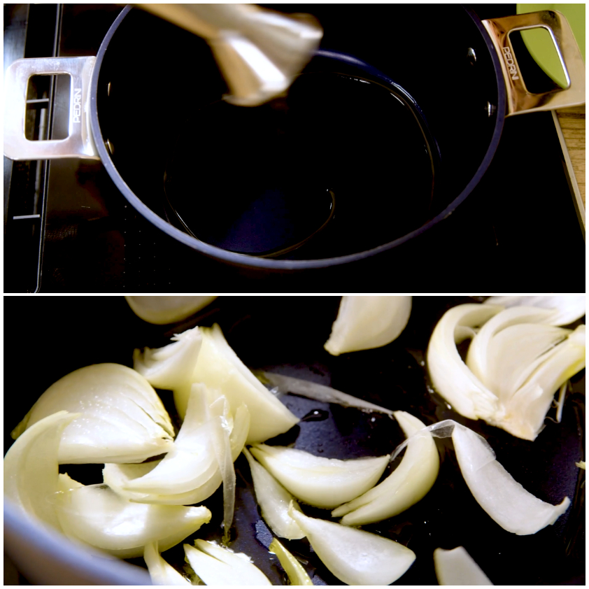 Spicchi di cipolla e aglio interi che rosolano in padella con olio