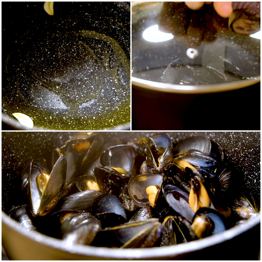 Aglio soffritto in olio, poi cozze coperte con coperchio fino a schiudersi