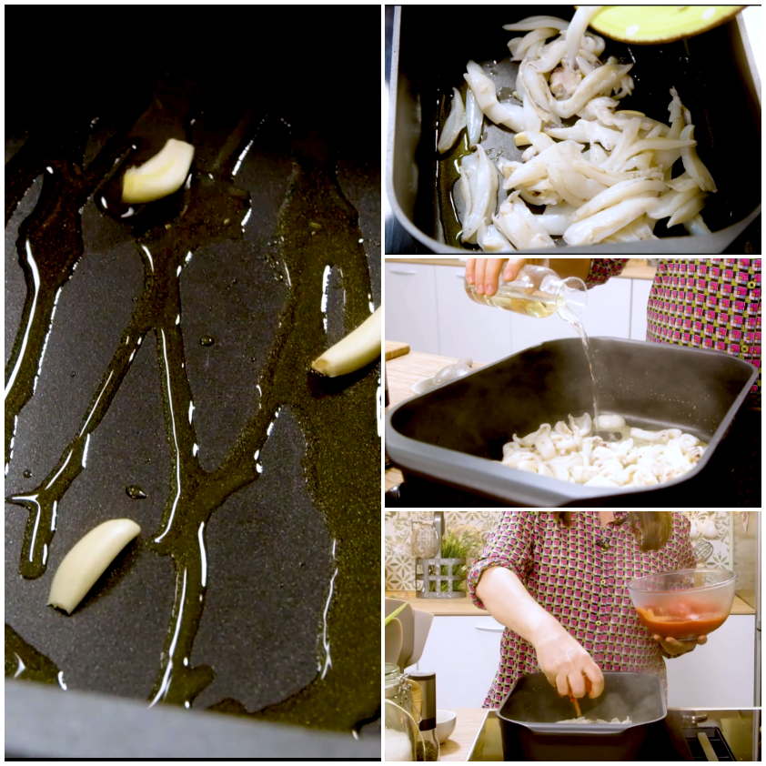 Spicchi d'aglio in olio caldo, seppioline in padella, sfumatura con vino bianco e aggiunta di pomodoro
