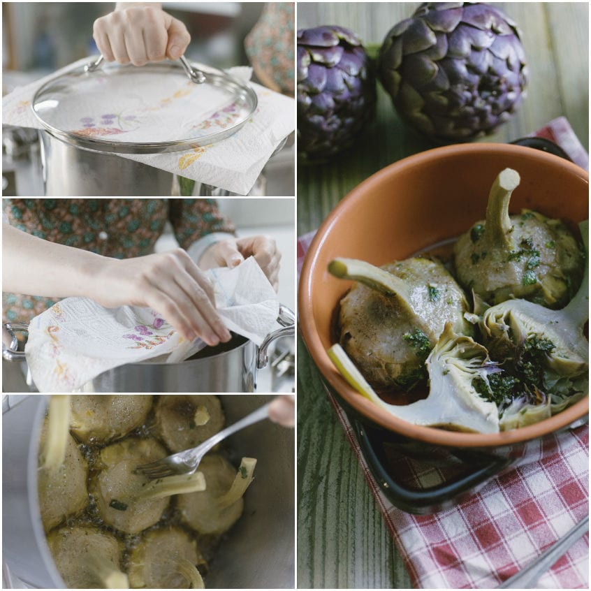 Carciofi alla romana cotti serviti con erbe aromatiche, accanto ai carciofi freschi interi