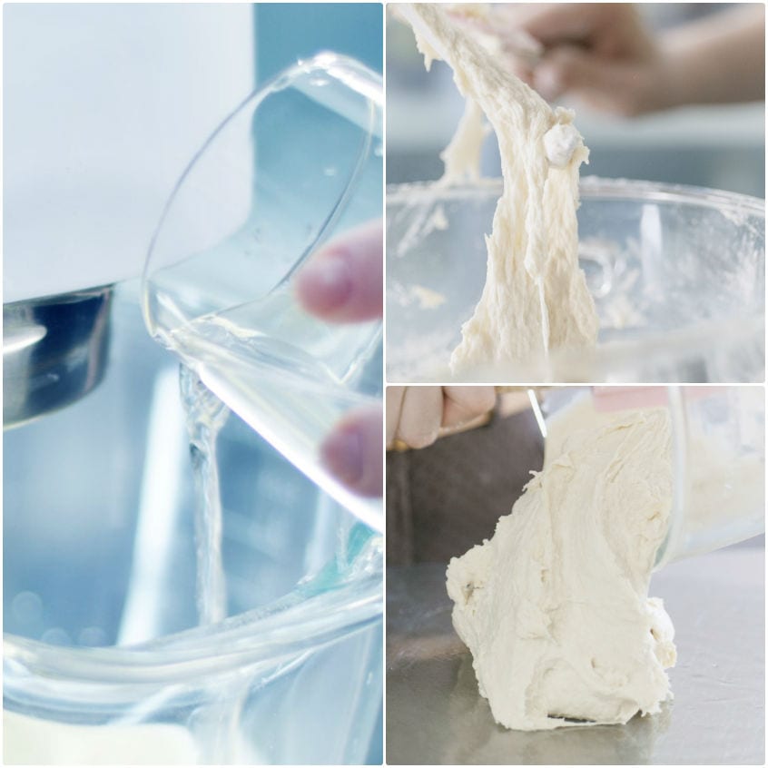 Acqua versata nell'impasto, poi la massa filante sollevata a mano e infine il panetto liscio ed elastico