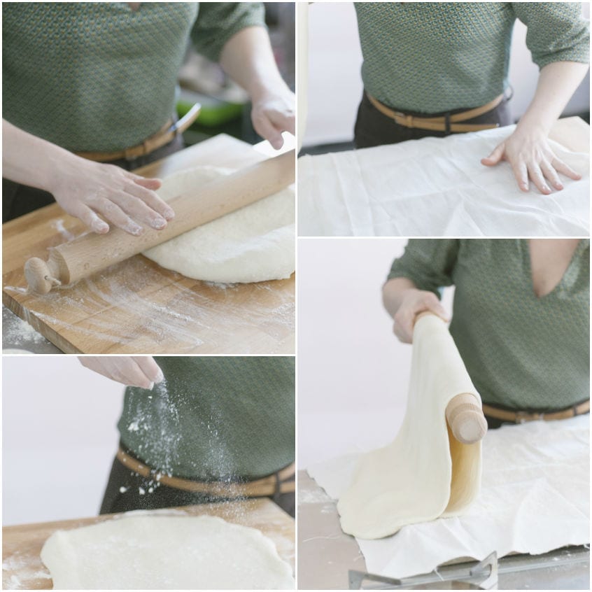 Impasto del casatiello steso col matterello, poi infarinato e arrotolato sulla spianatoia