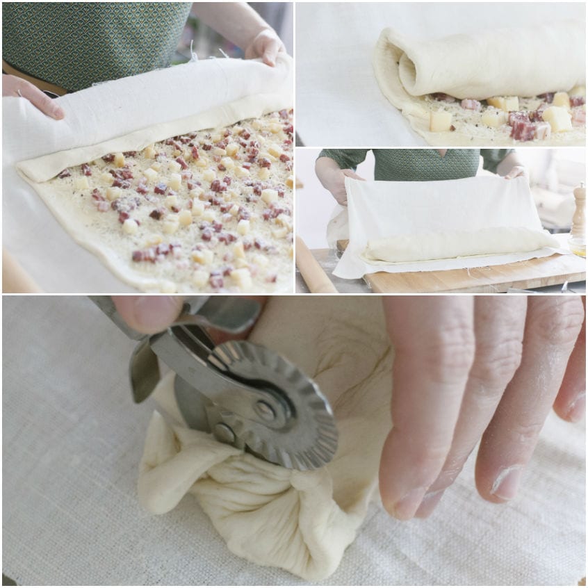 Impasto farcito con salumi e formaggi arrotolato e poi tagliato con rotella dentata