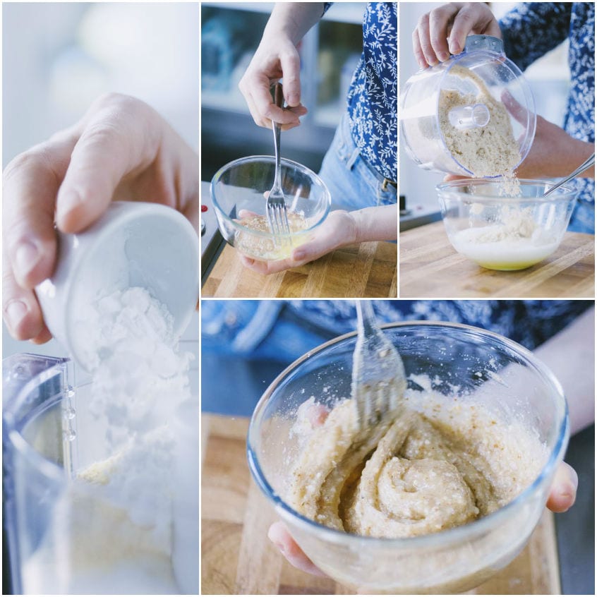 Preparazione della glassa per colomba: farina di mais versata in ciotola e amalgamata con una forchetta fino a ottenere un composto denso