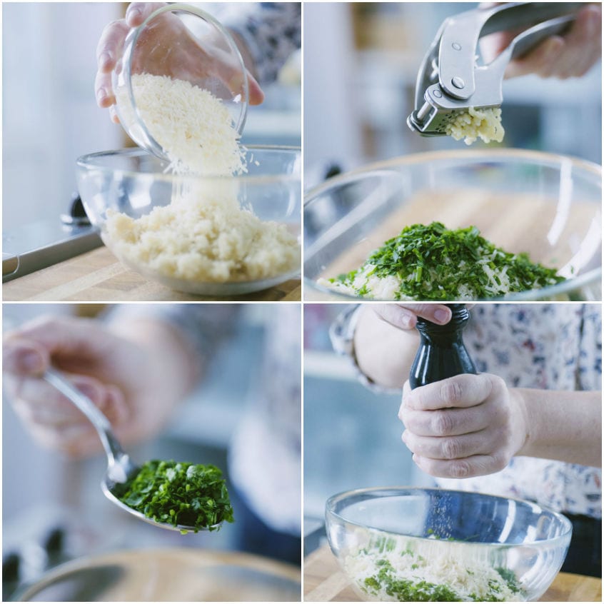 Preparazione del ripieno: pane grattugiato, prezzemolo tritato e aglio spremuto mescolati in una ciotola