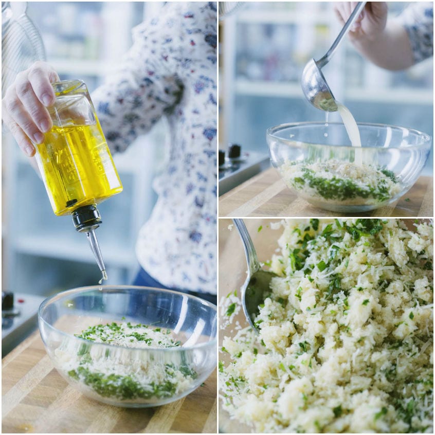 Olio extravergine versato sul pangrattato con prezzemolo, poi amalgamato con acqua di cottura fino a ottenere un composto umido