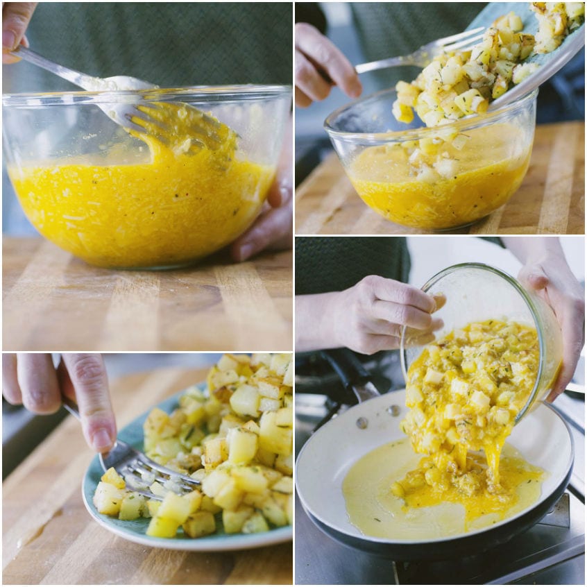 Patate a cubetti unite alle uova sbattute e versate in padella per la frittata