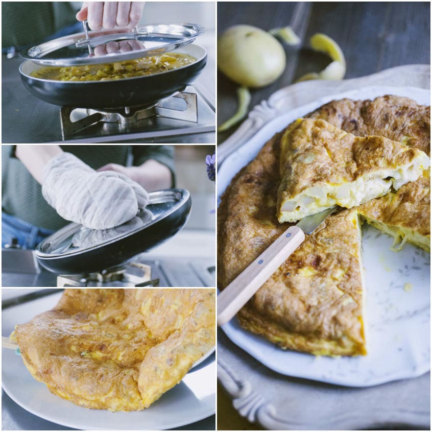 Frittata di patate capovolta con un coperchio e poi affettata, con l'interno morbido ben visibile